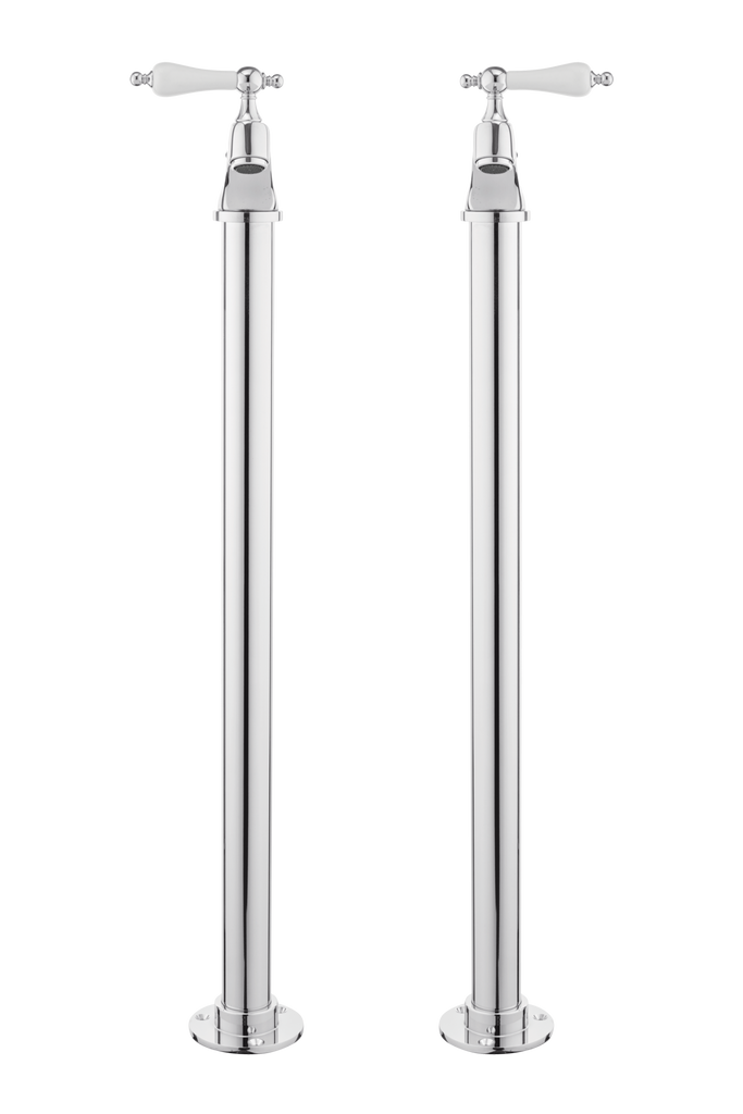 Vintage Bath Pillar Taps On Pipe Stands - Porcelain Levers